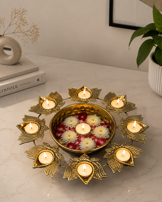 Golden Lotus Diya Urli Centerpiece with 8 Tealight Holders