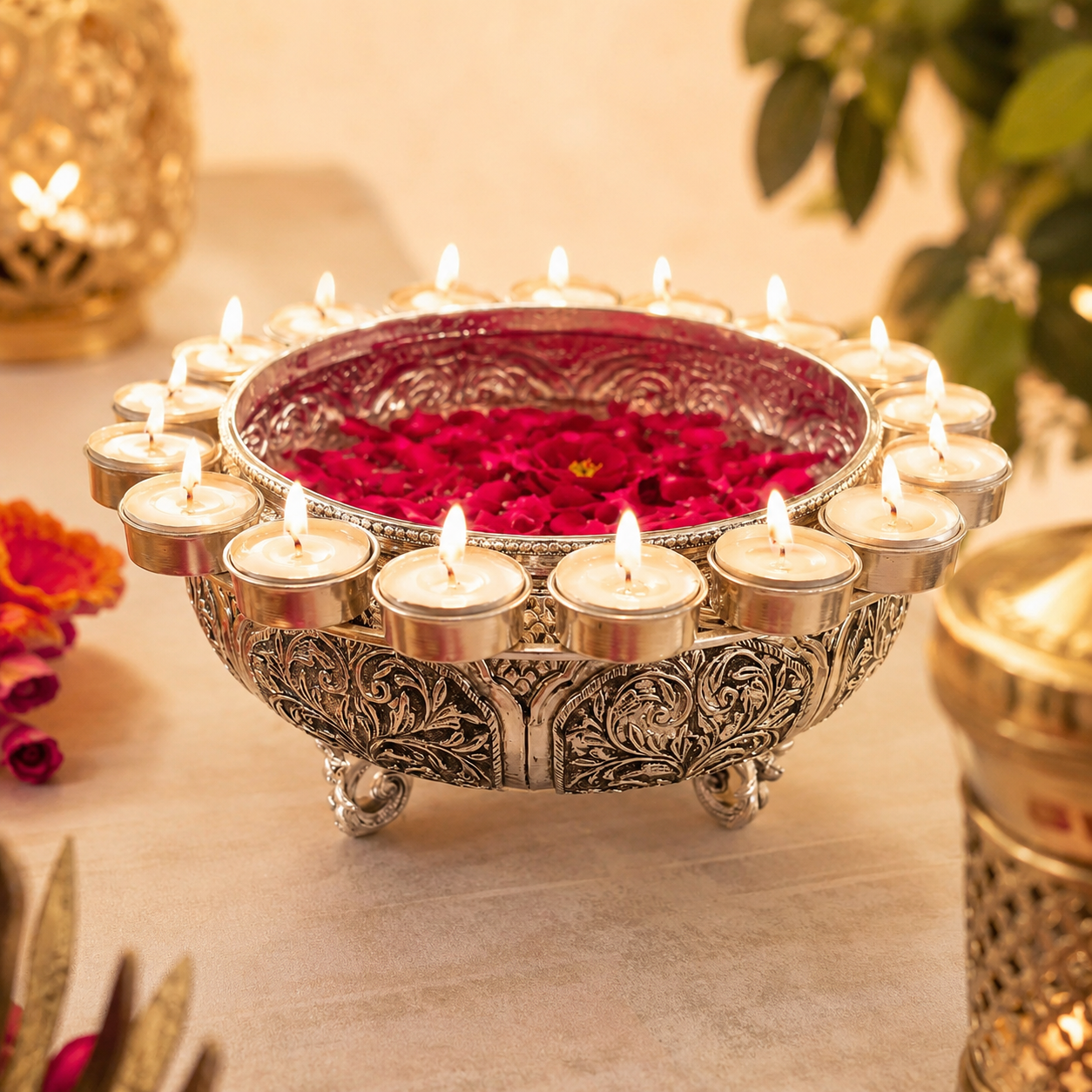 Traditional Silver Urli with Candle Stand – Floral Home Décor Centerpiece
