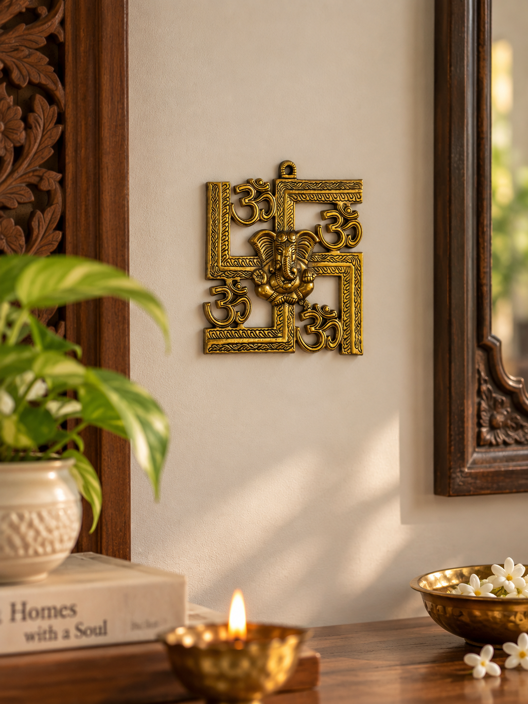 Divine Ganesha & Om Wall Hanging – Antique Gold Auspicious Décor