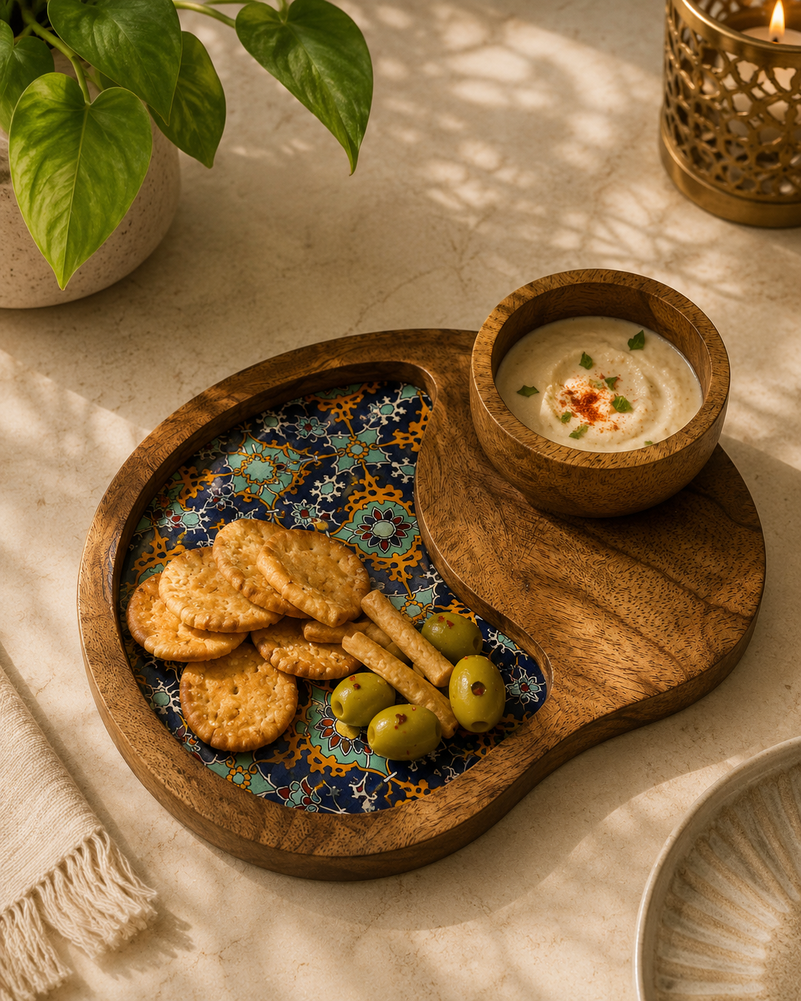 Handcrafted Wooden Serving Platter with Decorative Ceramic Tile Inlay
