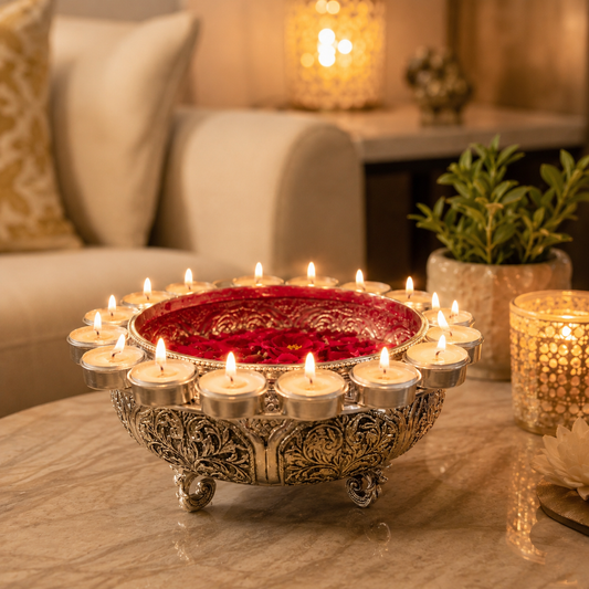 Traditional Silver Urli with Candle Stand – Floral Home Décor Centerpiece