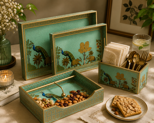 Peacock Paradise Tray Collection – Decorative Serving Trays, Napkin Holder & Cutlery Organizer Set