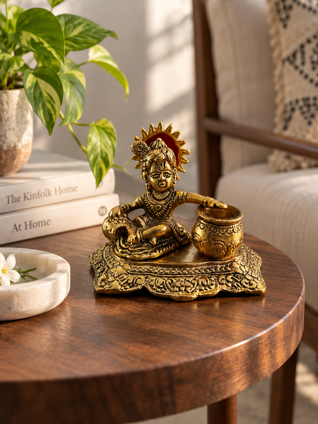 Divine Bal Krishna with Makhan Matki – Antique Gold Decorative Idol