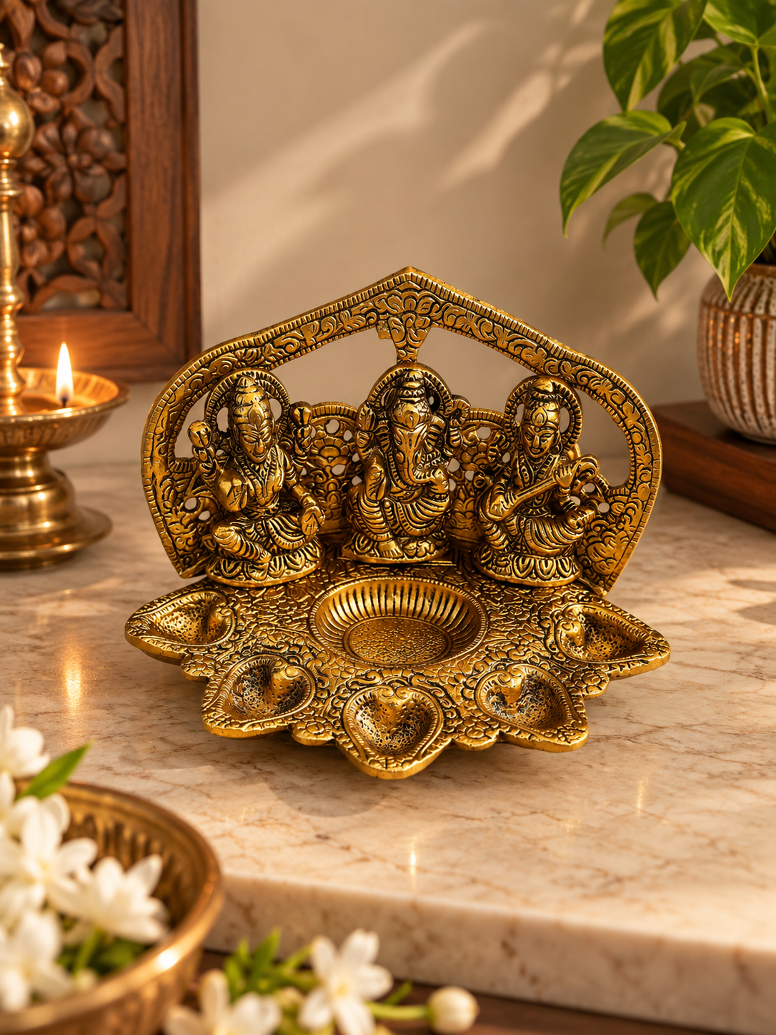 Divine Lakshmi Ganesha Saraswati Multi Diya – Antique Gold