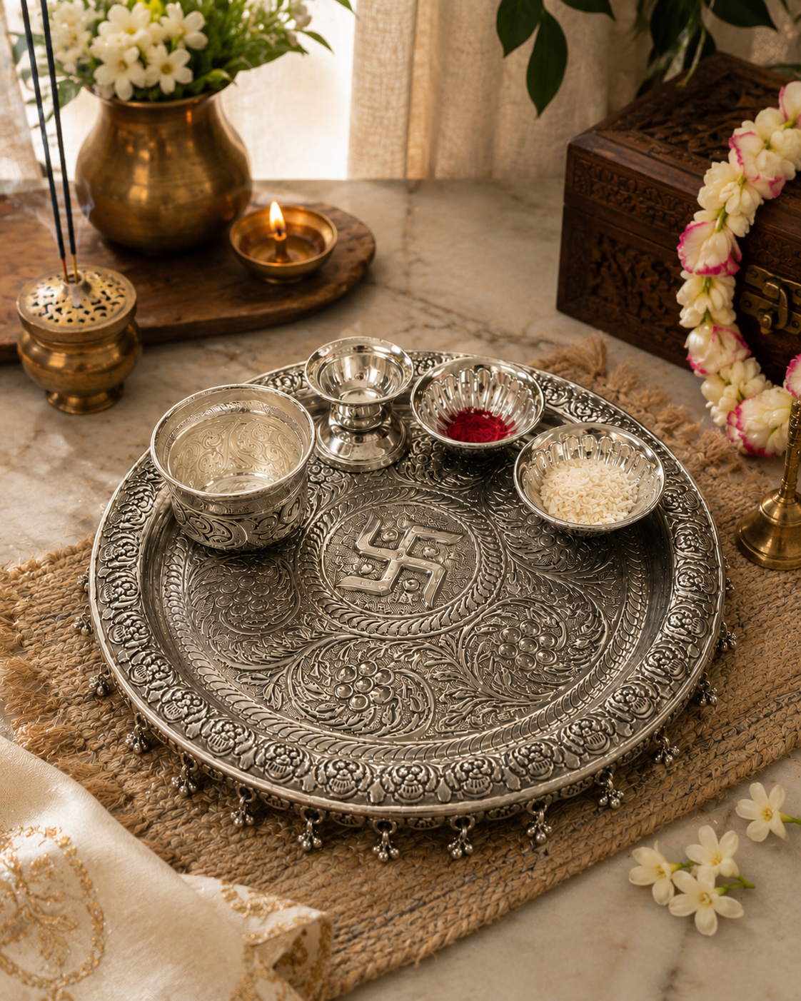 Aaradhya Heritage German Silver Pooja Thali Set