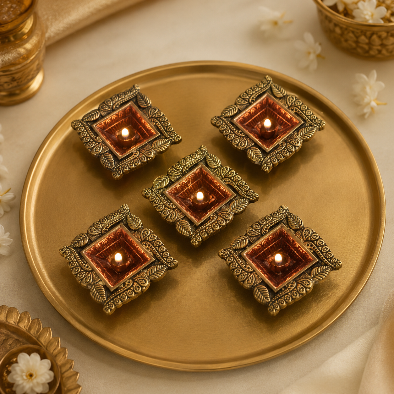 Handcrafted Terracotta Diya Set of 5 – Antique Finish Decorative Oil Lamps for Diwali & Home Décor