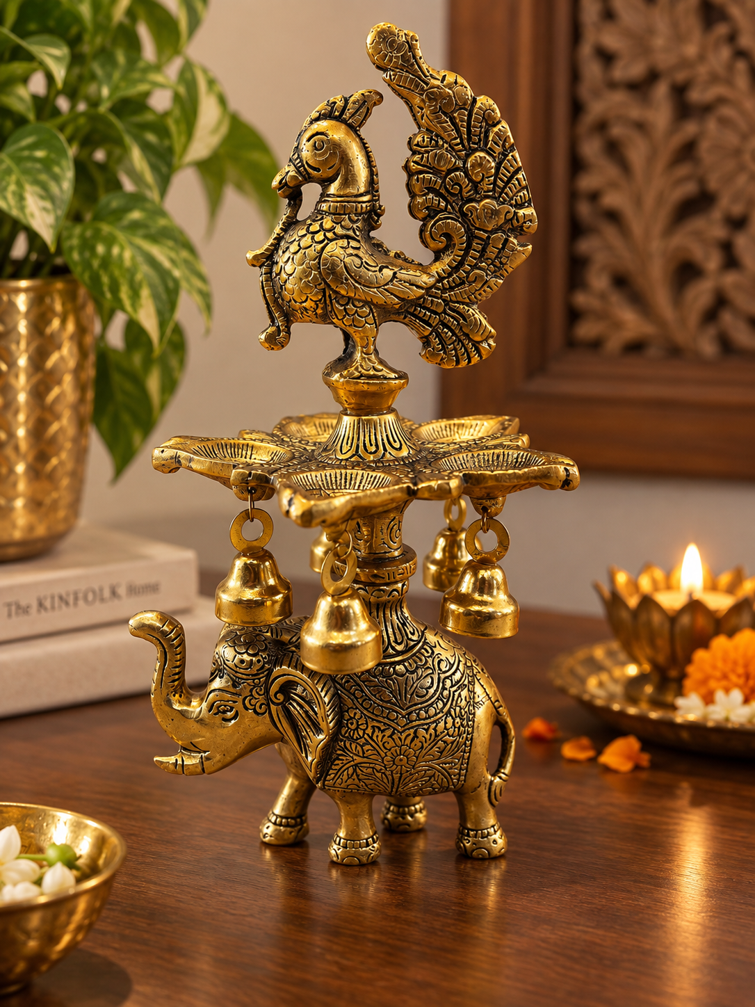 Royal Elephant & Peacock Diya with Hanging Bells – Antique Gold