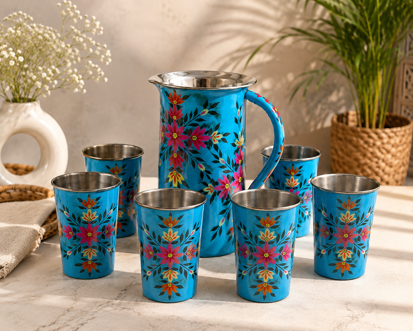 Hand-Painted Blue Floral Jug & Glass Set