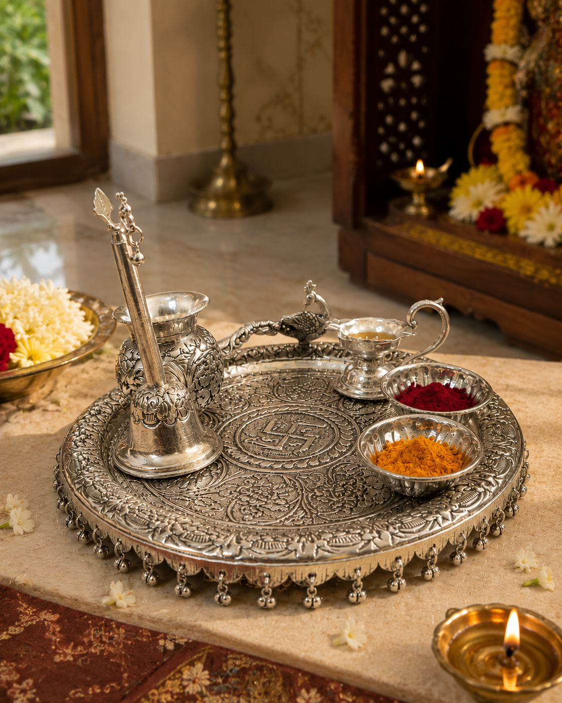 Aaradhya Heritage German Silver Pooja Thali Set