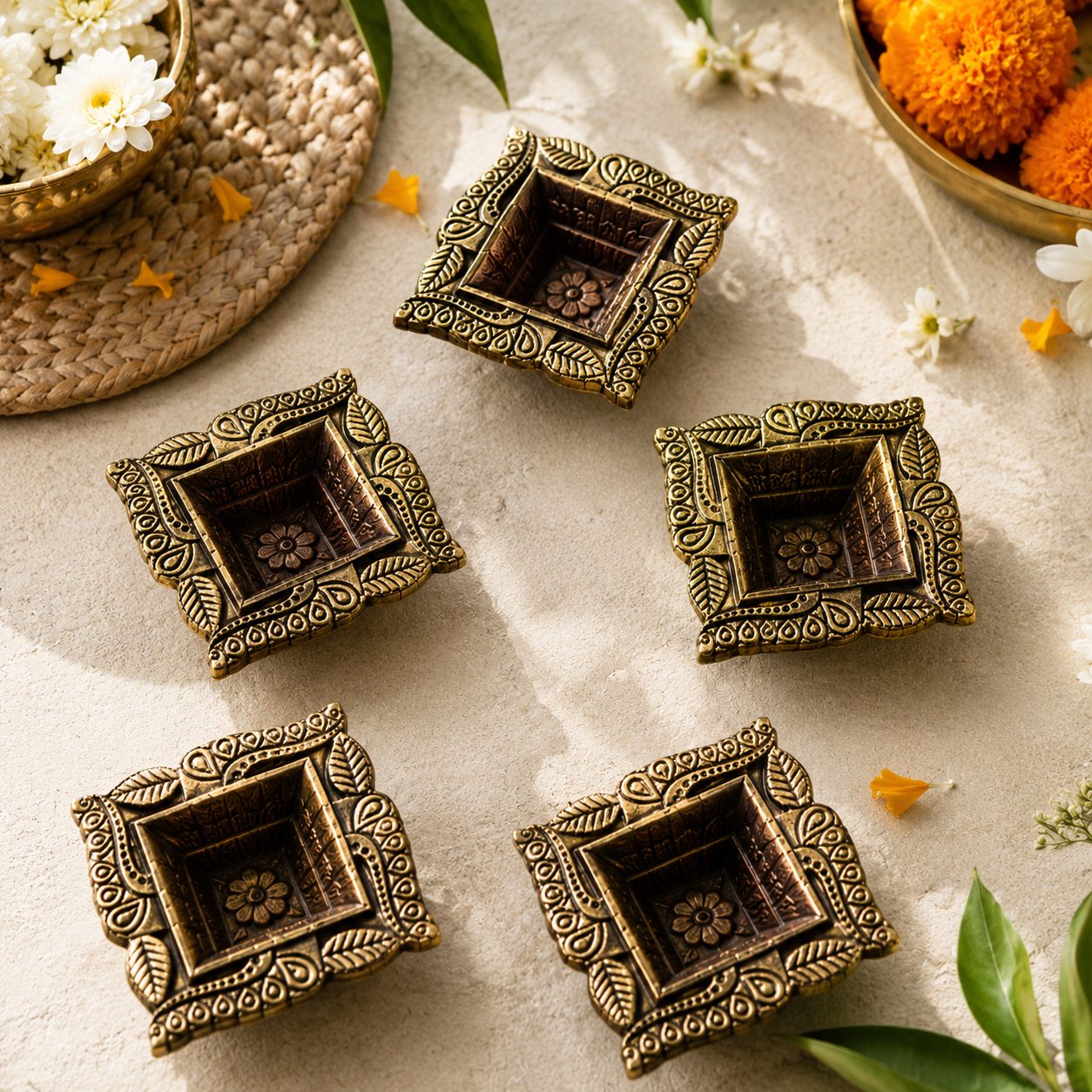 Handcrafted Terracotta Diya Set of 5 – Antique Finish Decorative Oil Lamps for Diwali & Home Décor