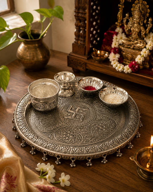 Aaradhya Heritage German Silver Pooja Thali Set