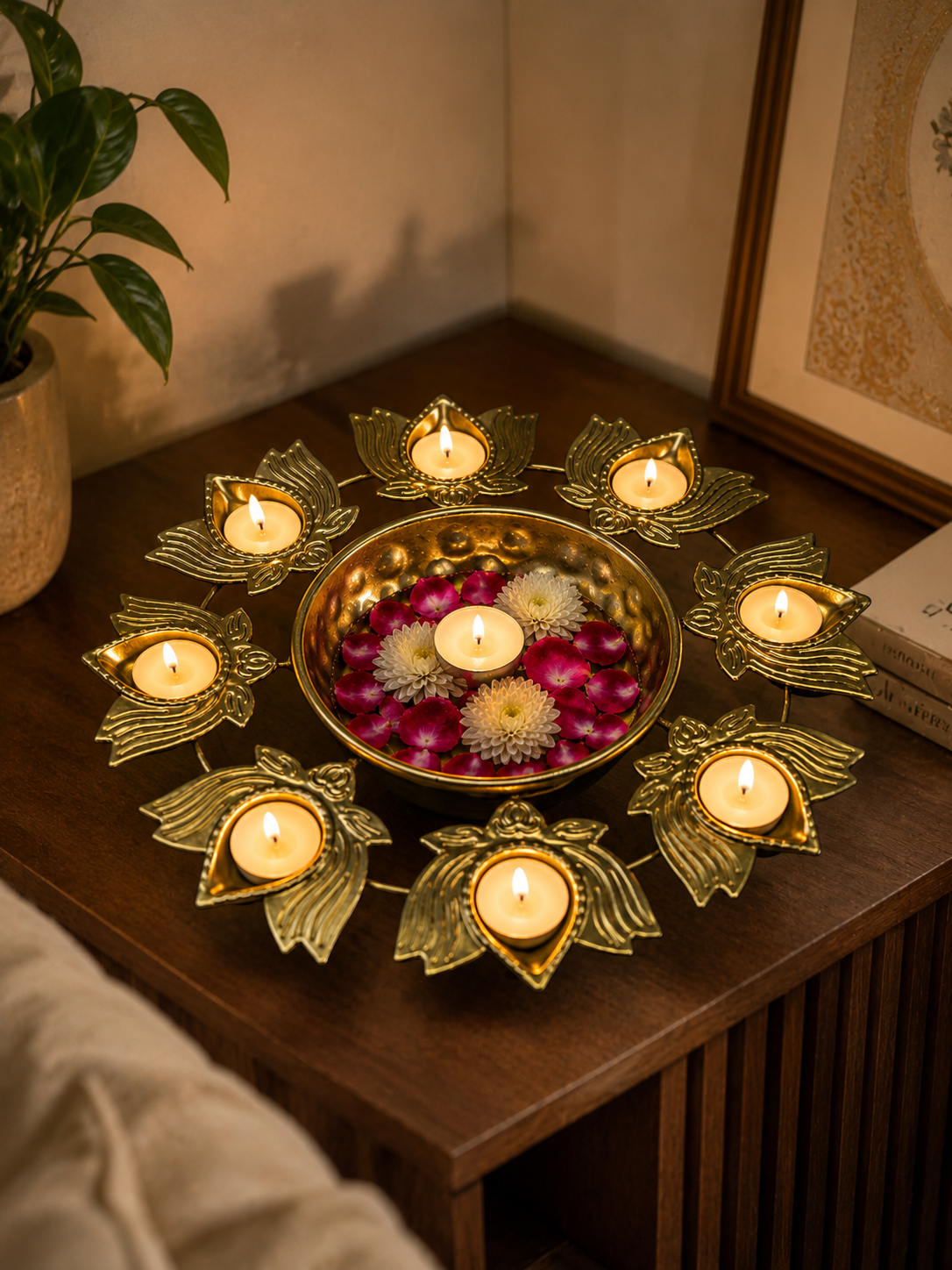 Golden Lotus Diya Urli Centerpiece with 8 Tealight Holders