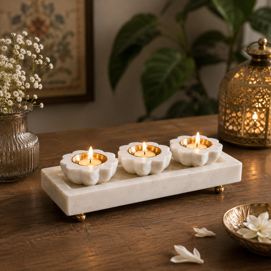 Lotus Marble Diya Set with Tray