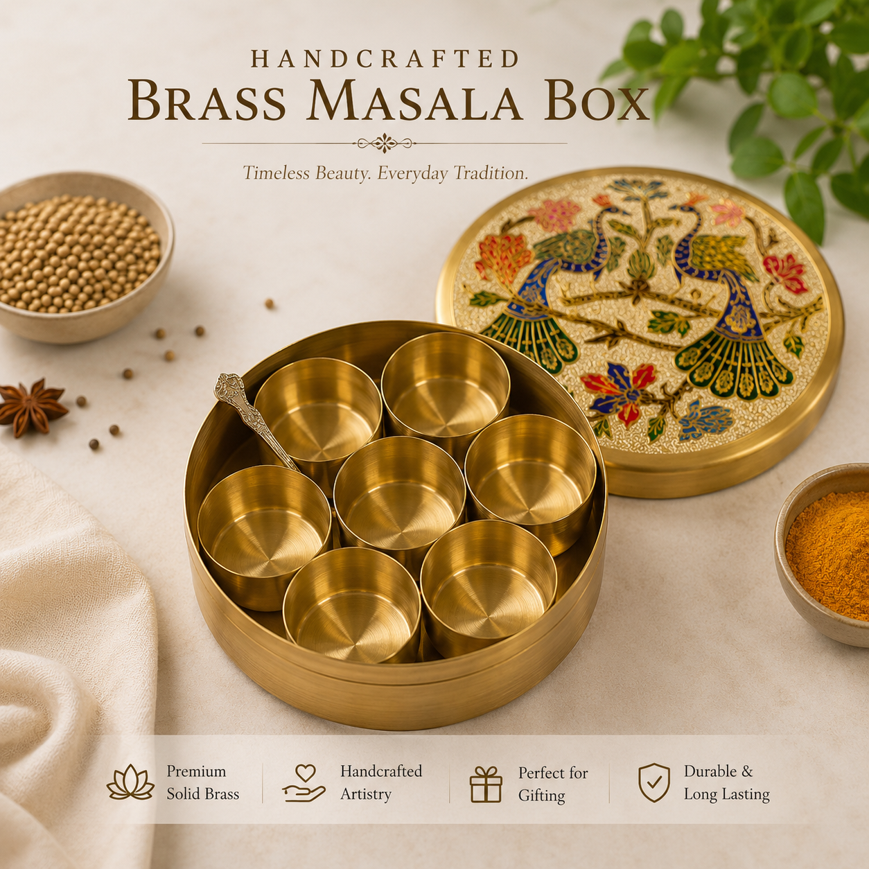 Handcrafted Brass Peacock Masala Box.