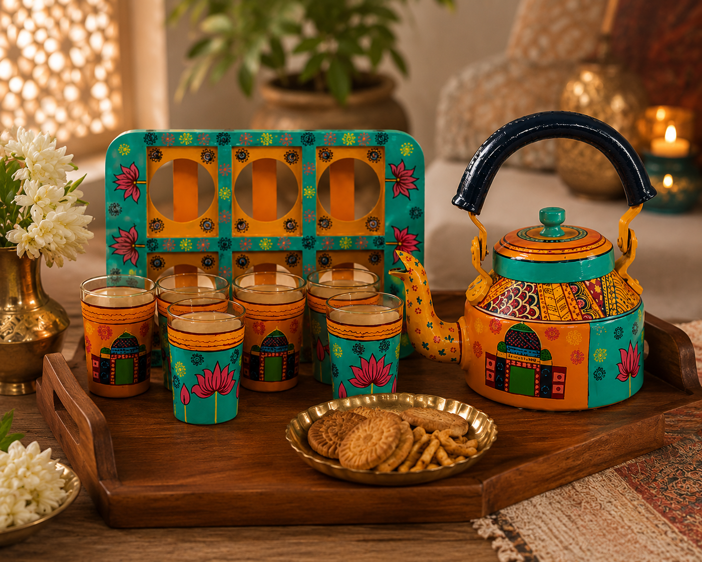 Royal Indian Folk Art Tea Kettle & 6 Glass Set with Handcrafted Wooden Serving Tray