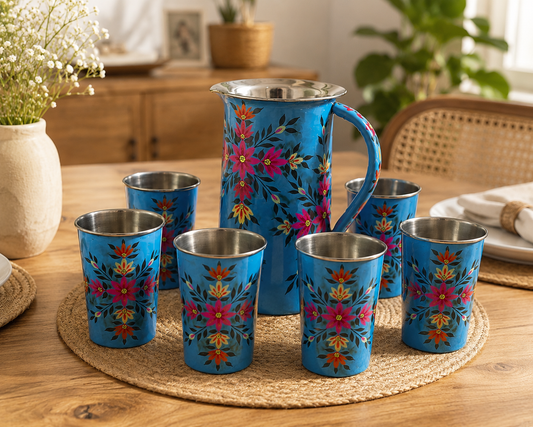 Hand-Painted Blue Floral Jug & Glass Set