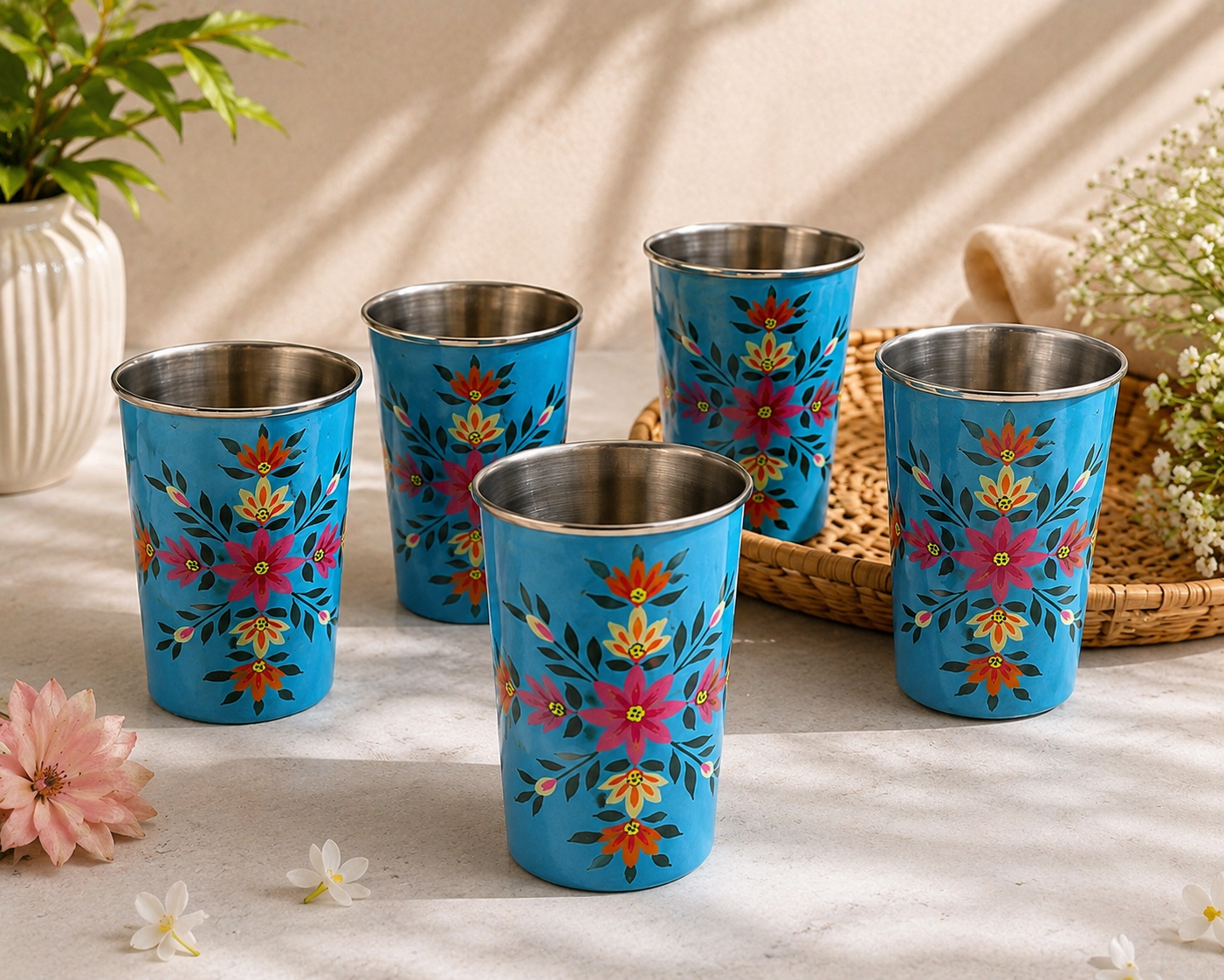 Hand-Painted Blue Floral Jug & Glass Set