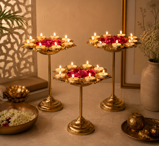 Royal Lotus Diya Pedestal Trio
