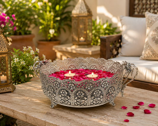 Royal Heritage German Silver Urli Bowl – Handcrafted Floral Centerpiece for Luxury Home Styling