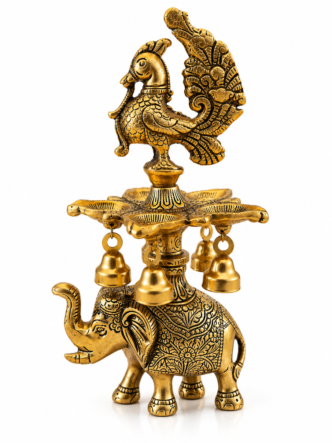 Royal Elephant & Peacock Diya with Hanging Bells – Antique Gold