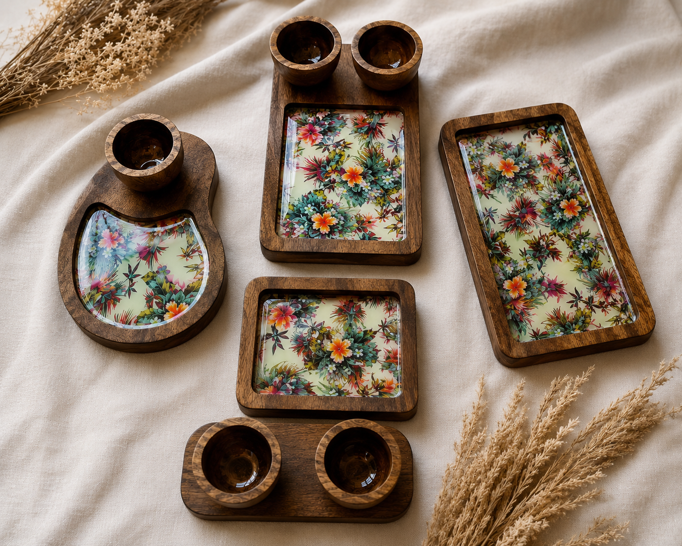 Elegant Wood & Resin 7-Piece Platter Set – Artisanal Serving Collection