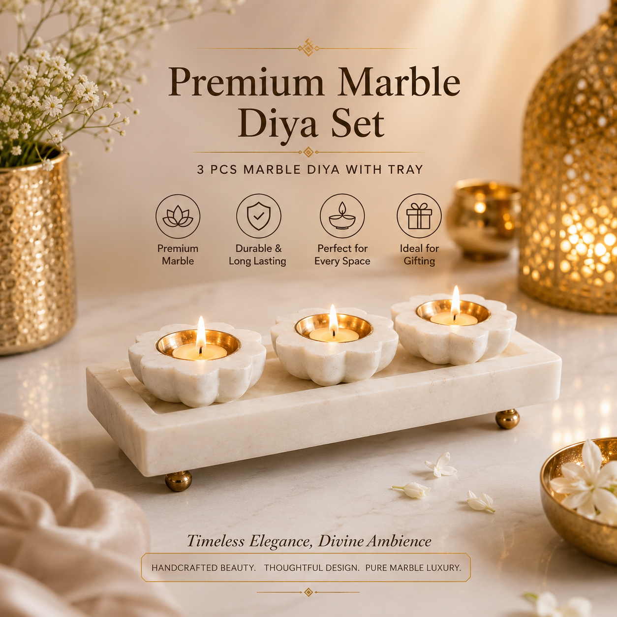 Lotus Marble Diya Set with Tray