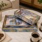 Luxury Blue Decorative Serving Tray Set of 3 with Gold Accents | Handmade Coffee Table & Ottoman Trays