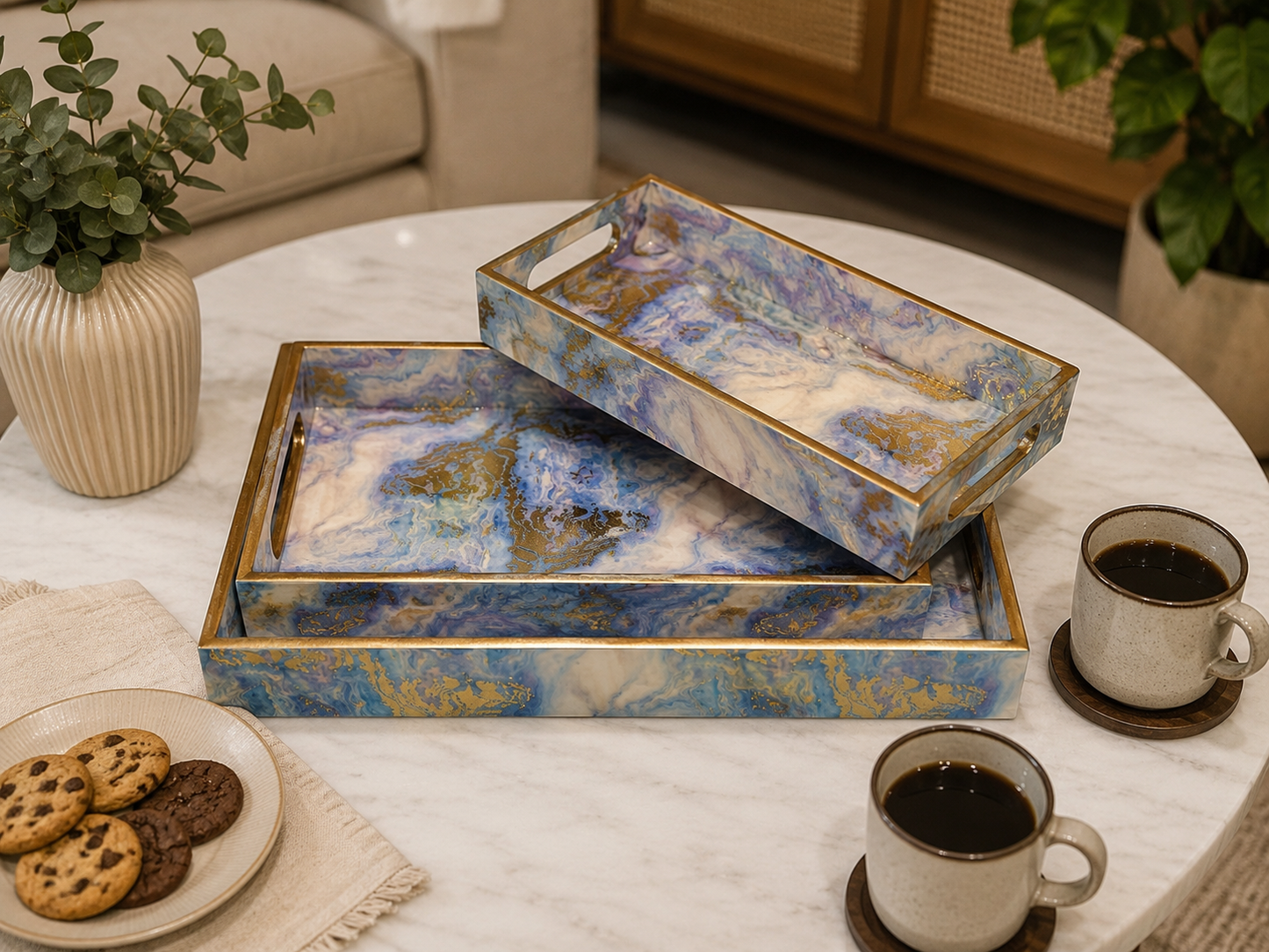 Luxury Blue Decorative Serving Tray Set of 3 with Gold Accents | Handmade Coffee Table & Ottoman Trays