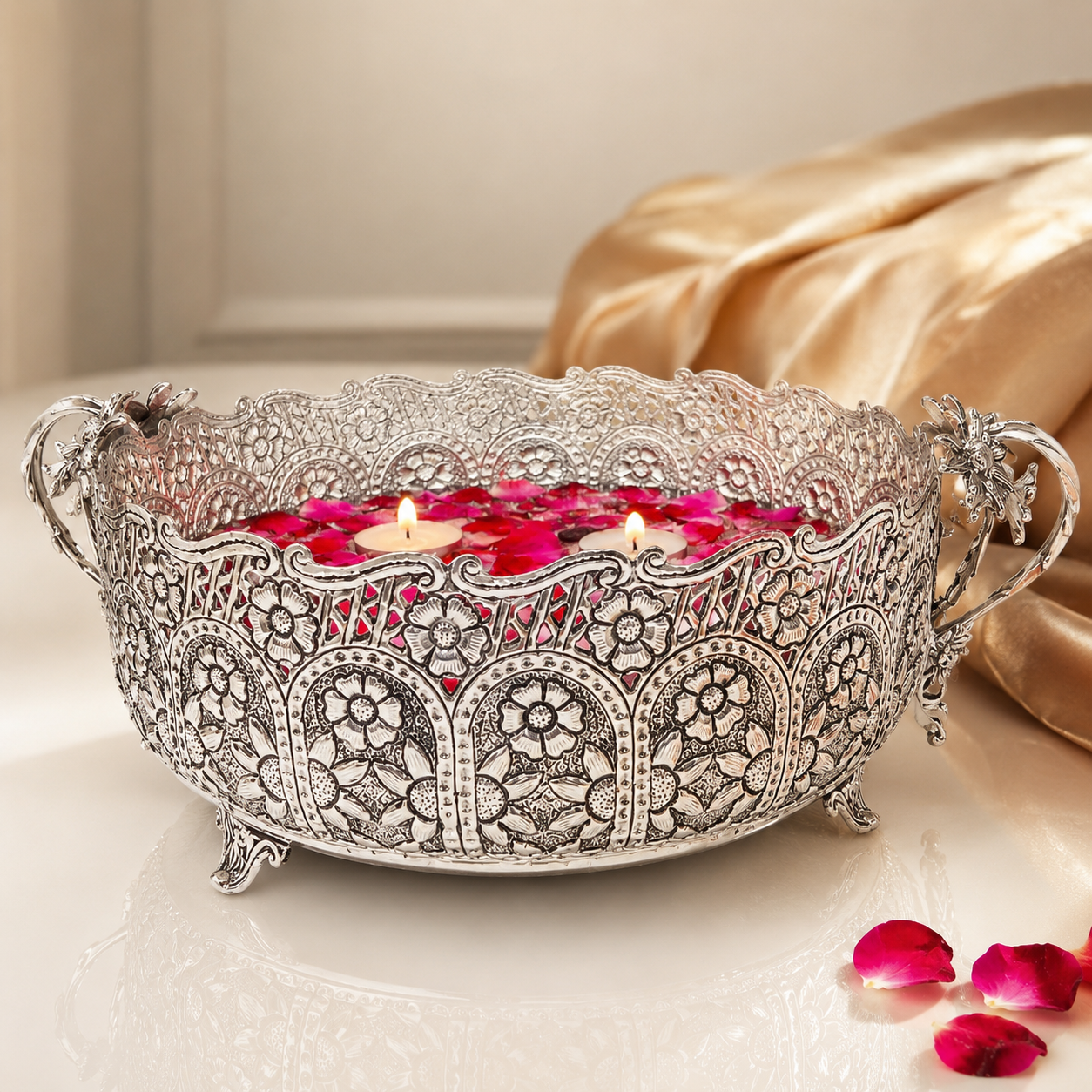 Royal Heritage German Silver Urli Bowl – Handcrafted Floral Centerpiece for Luxury Home Styling