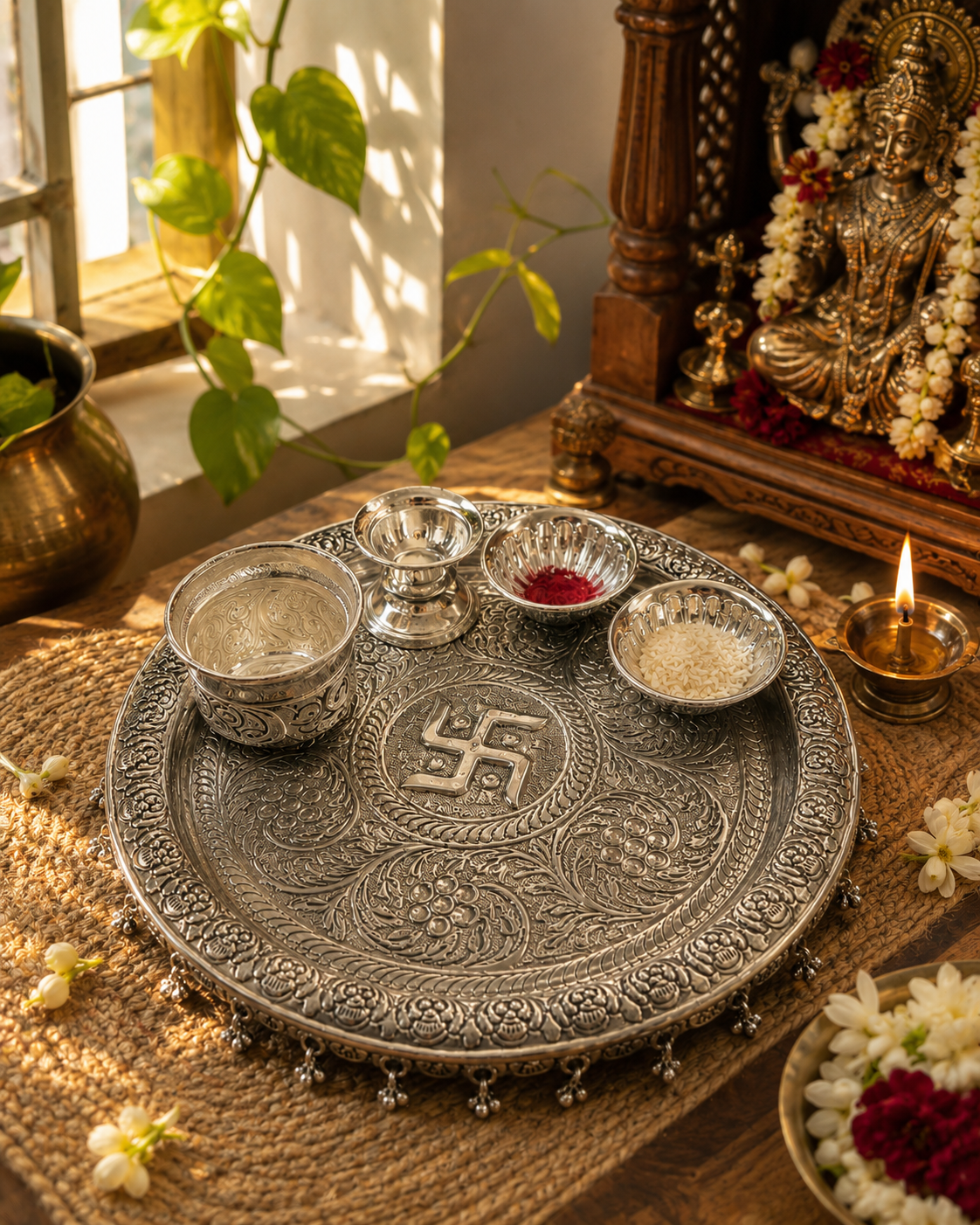 Aaradhya Heritage German Silver Pooja Thali Set