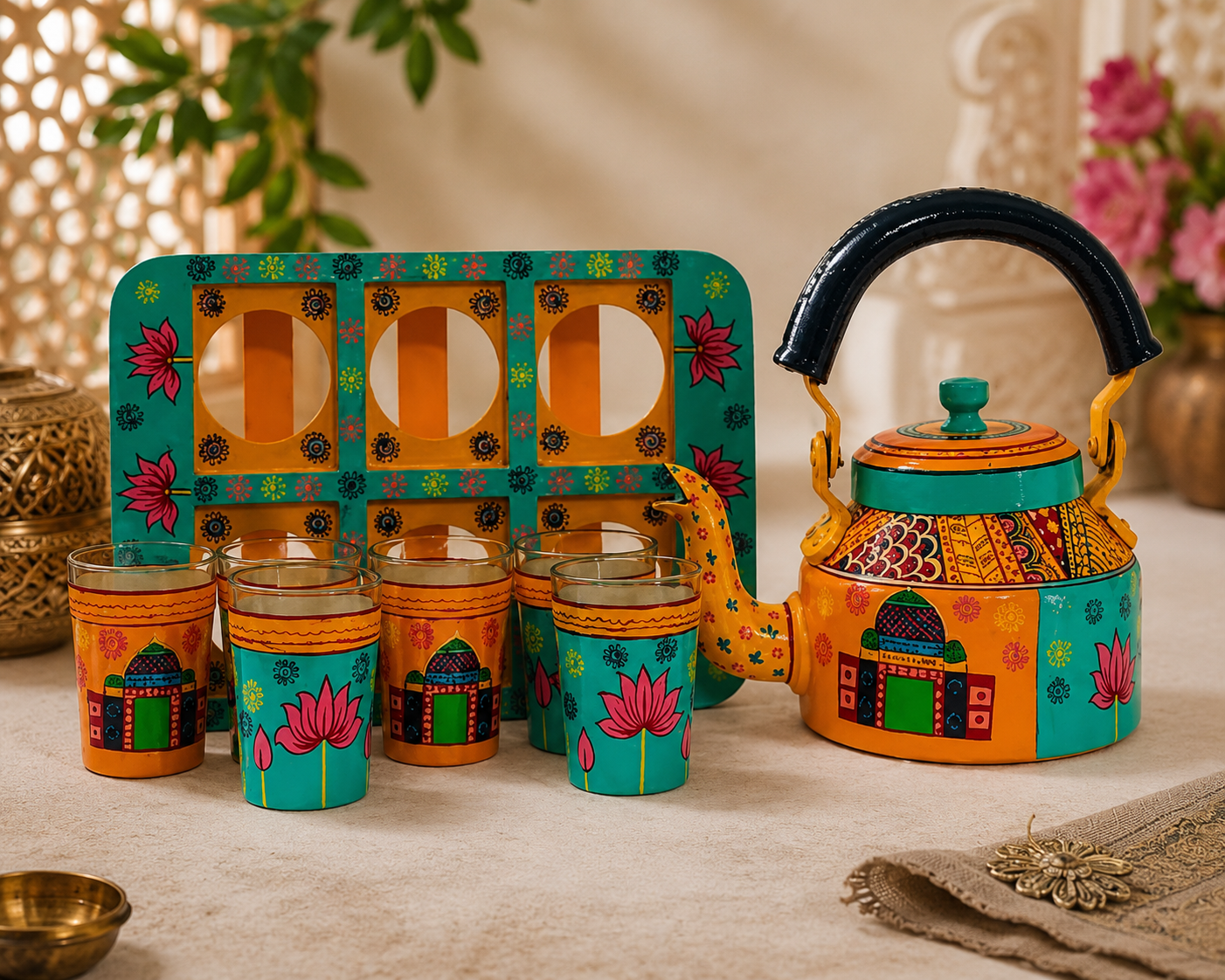 Royal Indian Folk Art Tea Kettle & 6 Glass Set with Handcrafted Wooden Serving Tray