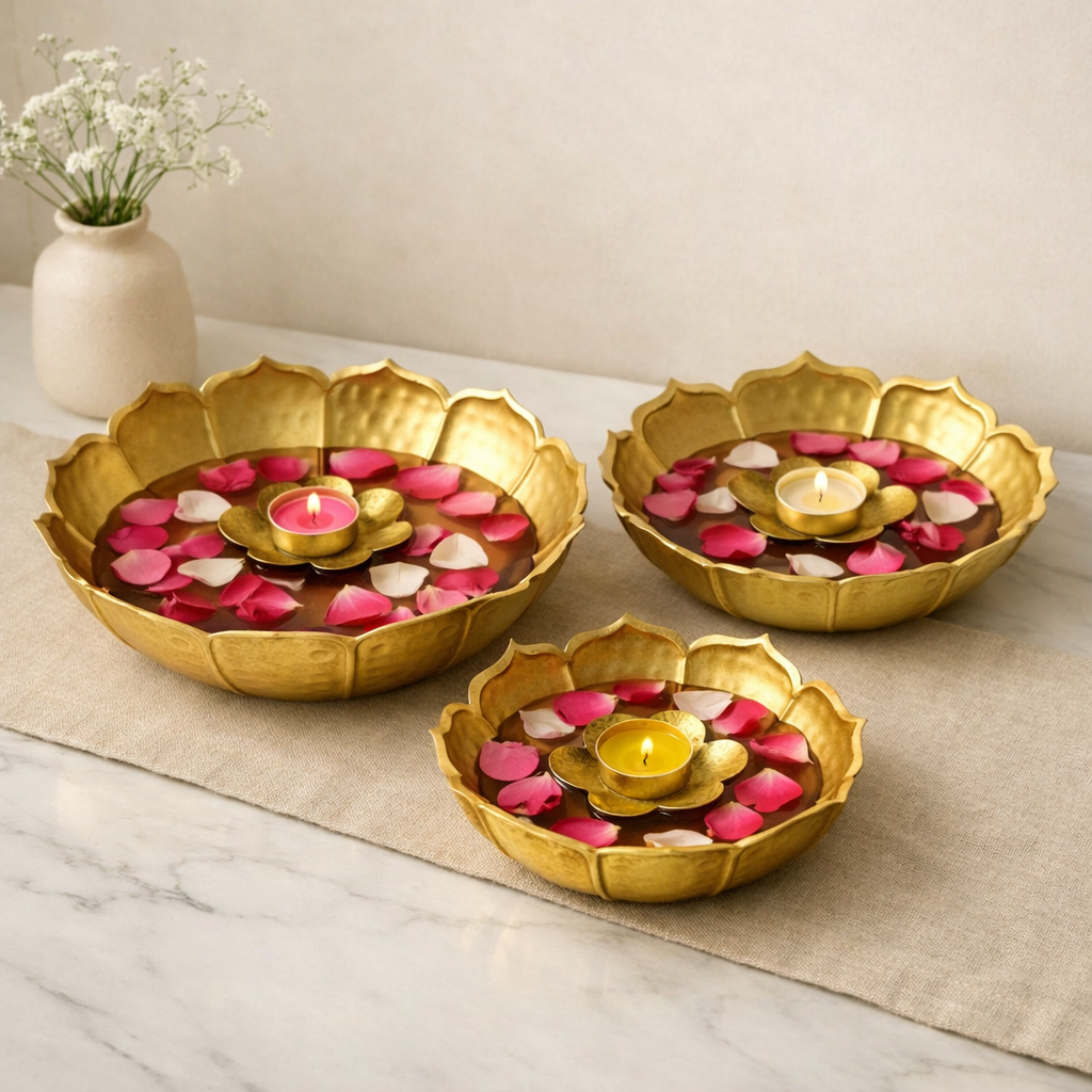 Golden Lotus Trio – Reflective Water Bowls for Modern Home Decor