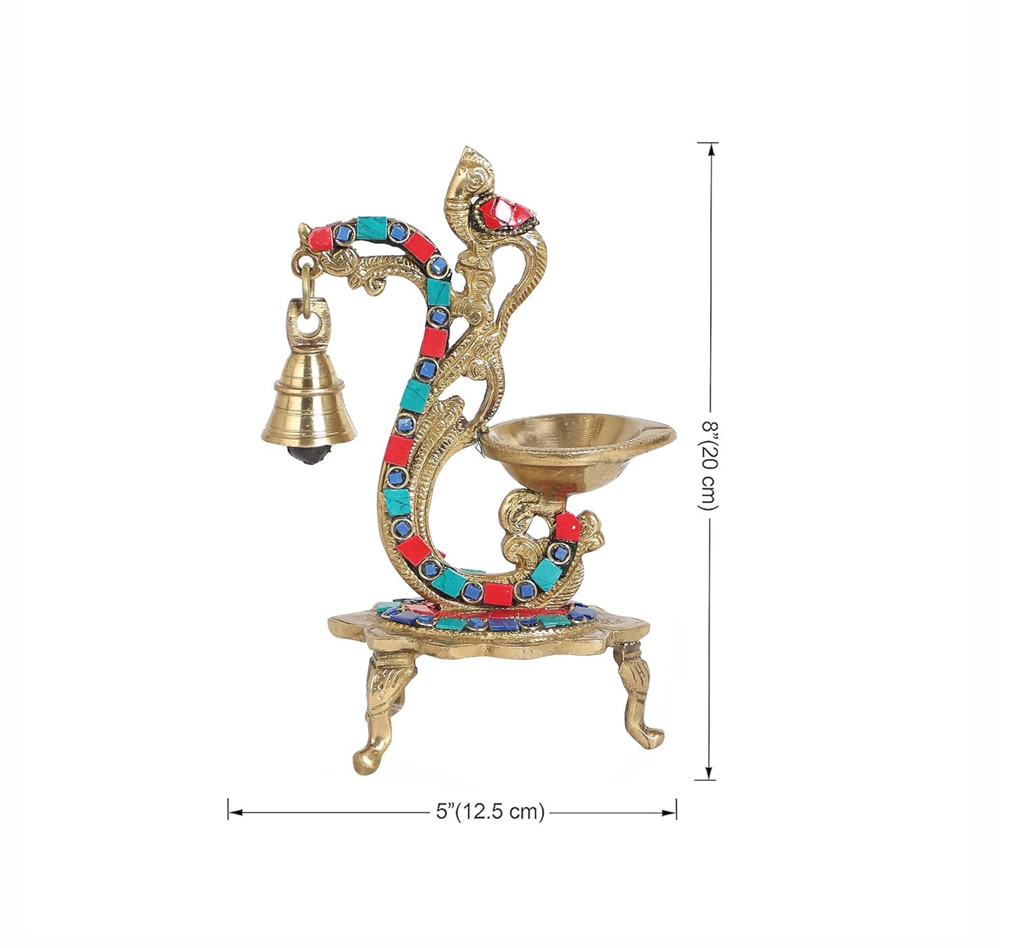 Carved Peacock Design Brass Diya with Bell, Brass Antique Oil Lamp