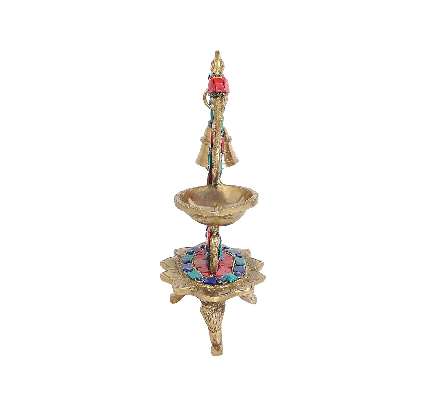 Carved Peacock Design Brass Diya with Bell, Brass Antique Oil Lamp