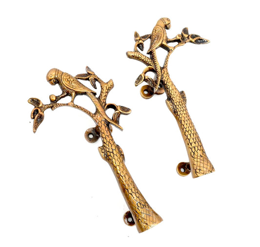 Brass Parrot on tree Door Handle Pair (2 pcs) | Home Decor | Door Decor | Pair of Brass Door Handles | Pair of Brass Door Pulls