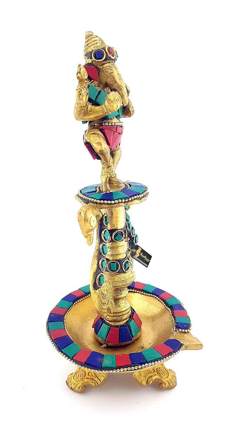Brass dancing ganesh with gem stone work diya stand