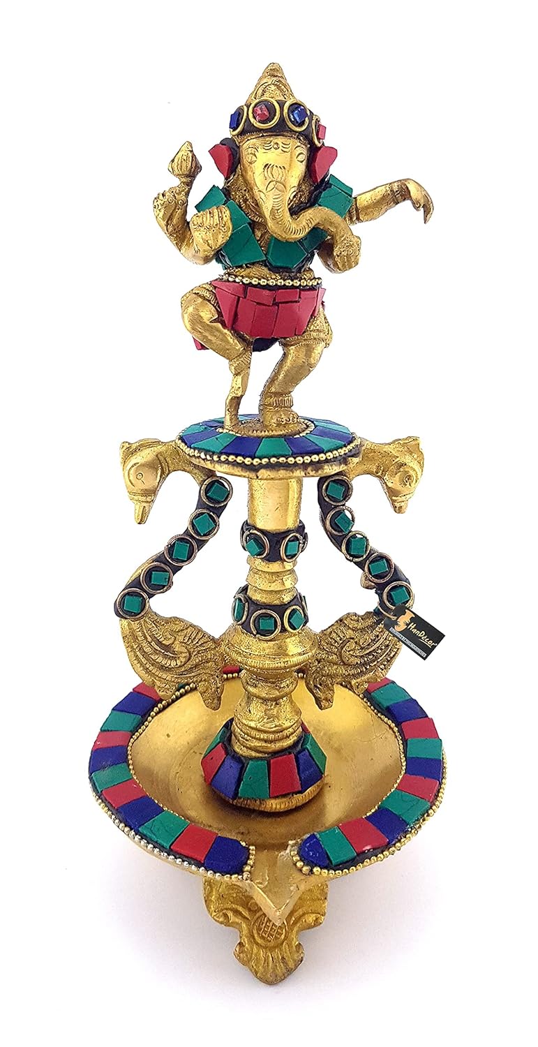 Brass dancing ganesh with gem stone work diya stand