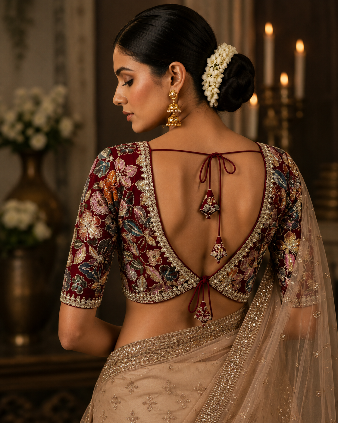 Indian Designer Red beads Saree Lehenga Blouse Sleeveless sabyasachi style.