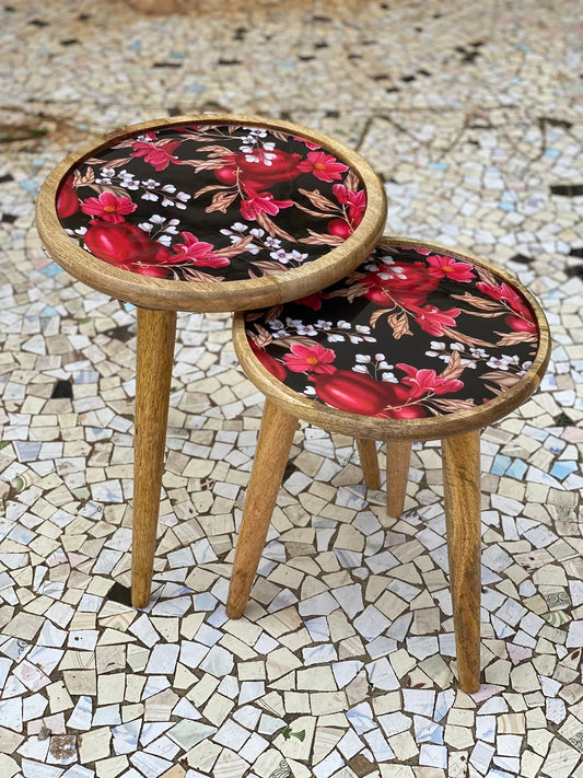 Hand crafted mangowood floral printed side tables. Set of 2.