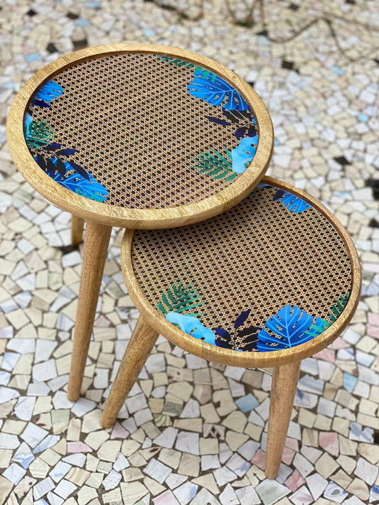 Hand crafter mangowood Printed side tables. Set of 2.