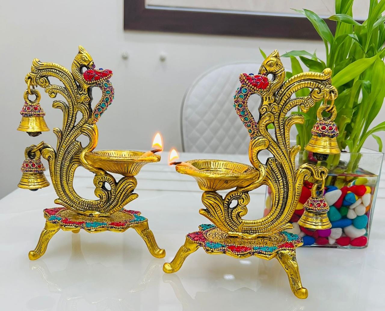 Brass plated hand engraved Peacock diya