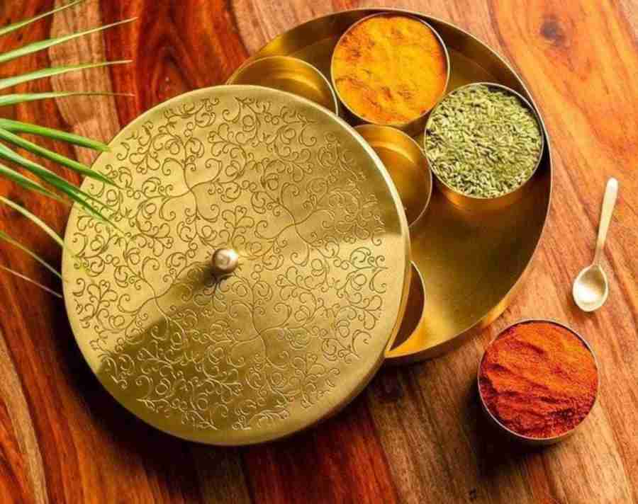 Brass masala box with 7 small bowls. Condiment box.