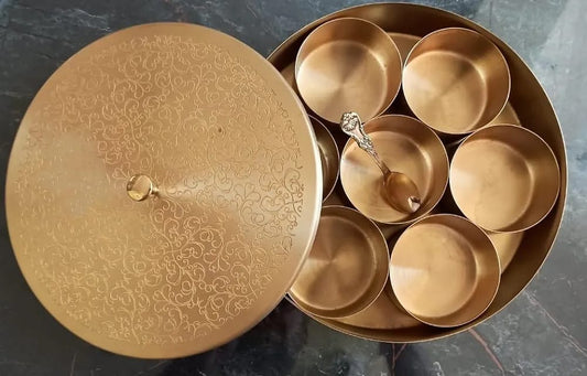 Brass masala box with 7 small bowls. Condiment box.