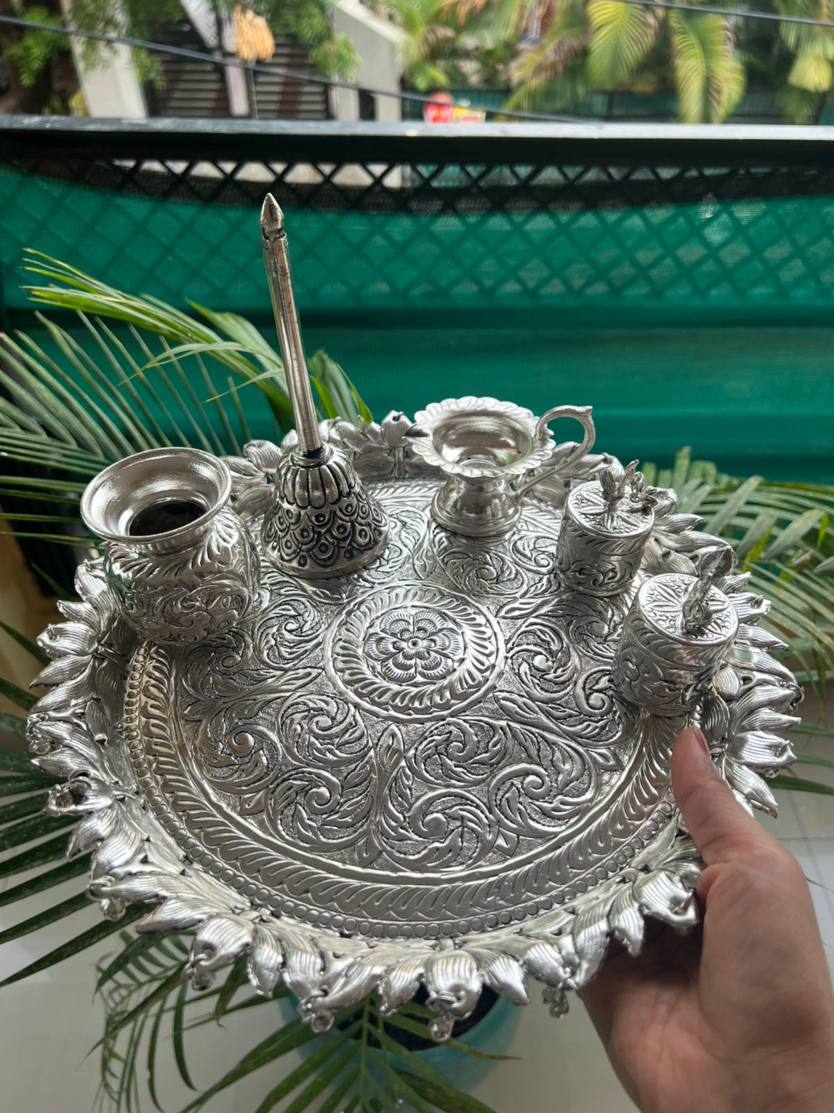 Exquisite German silver engraved pooja thali.