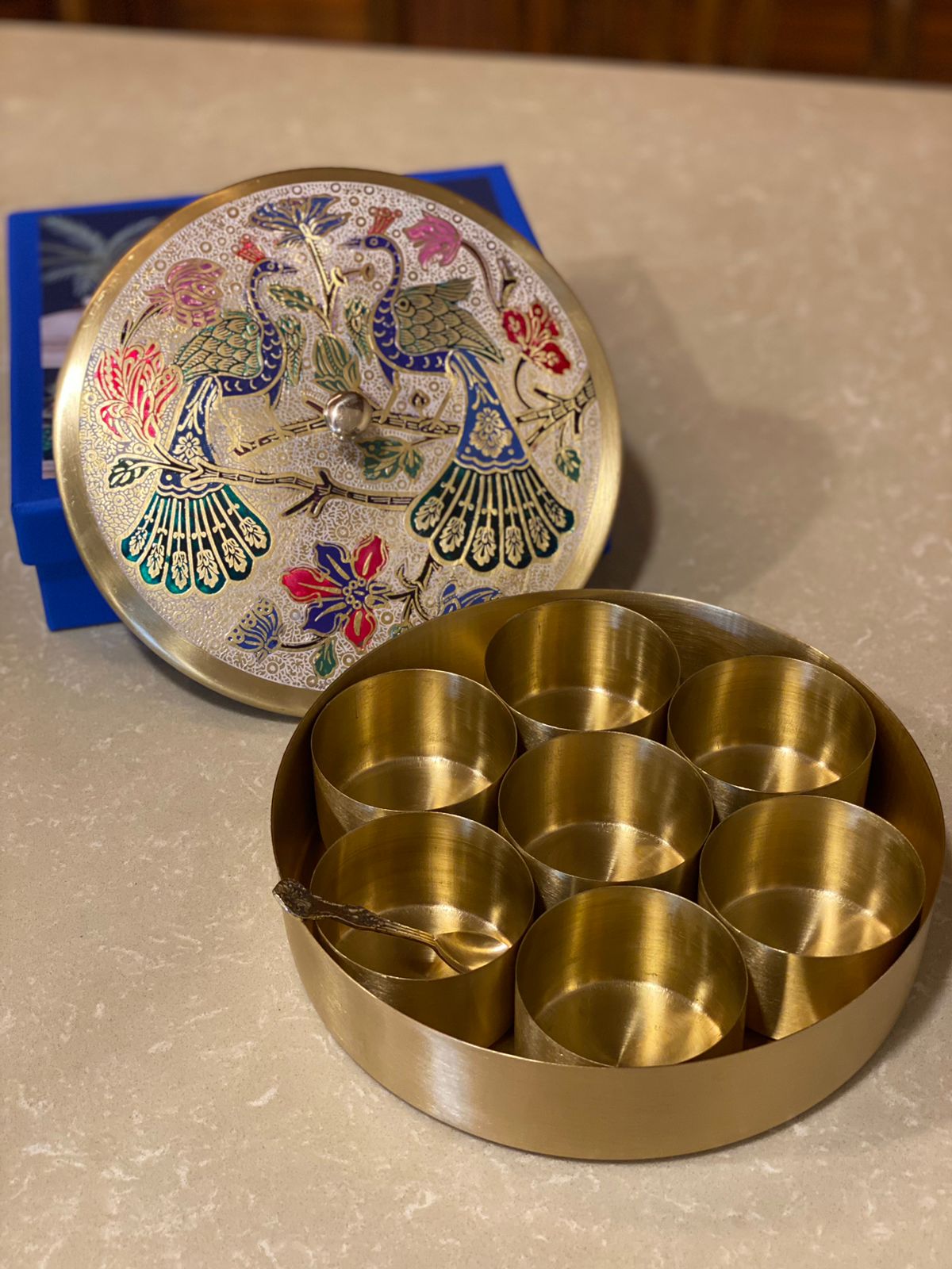 Peacock nakashi brass masala box. Condiment box.