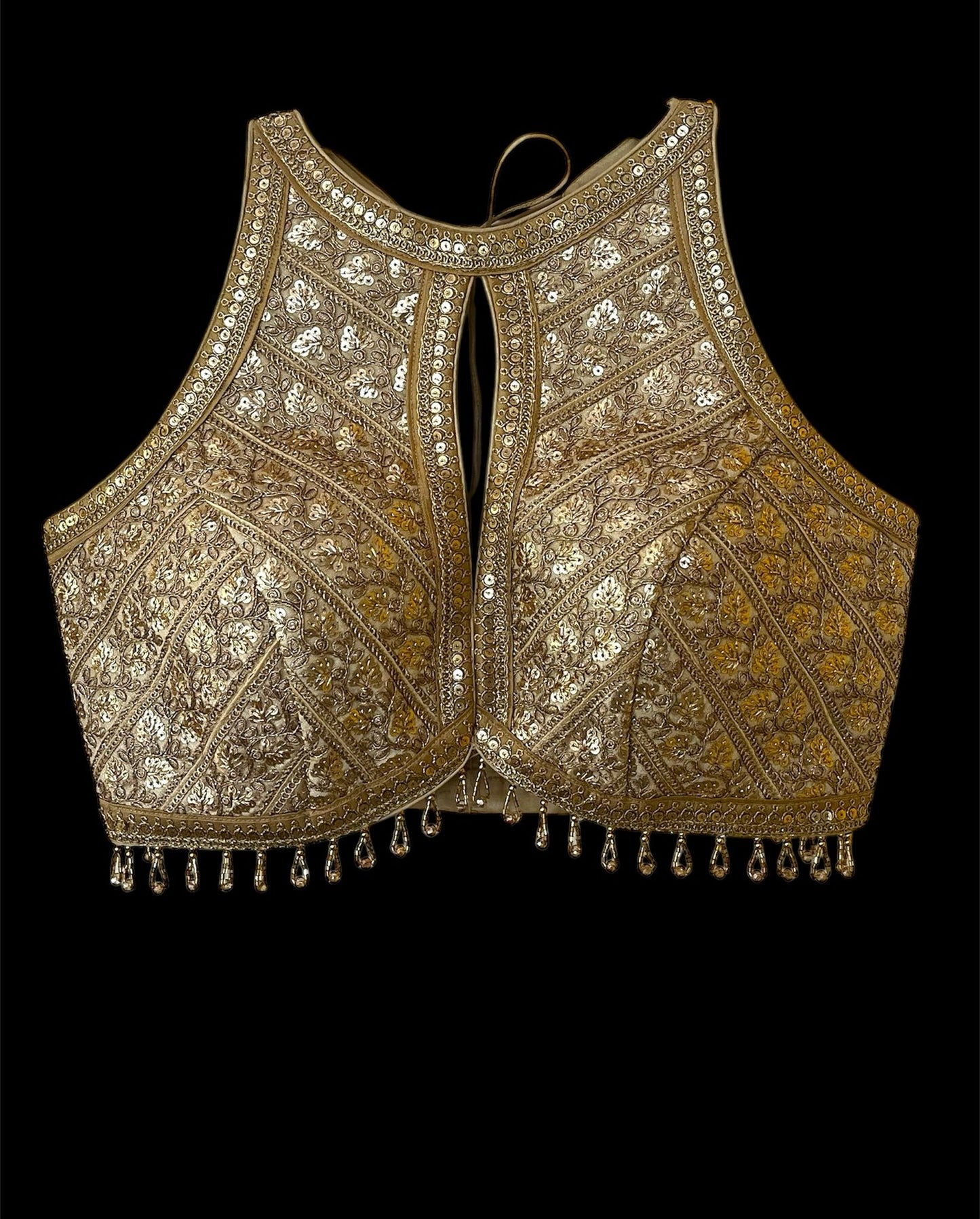 Indian Designer Beige beads Saree Lehenga Blouse Sleeveless sabyasachi style.