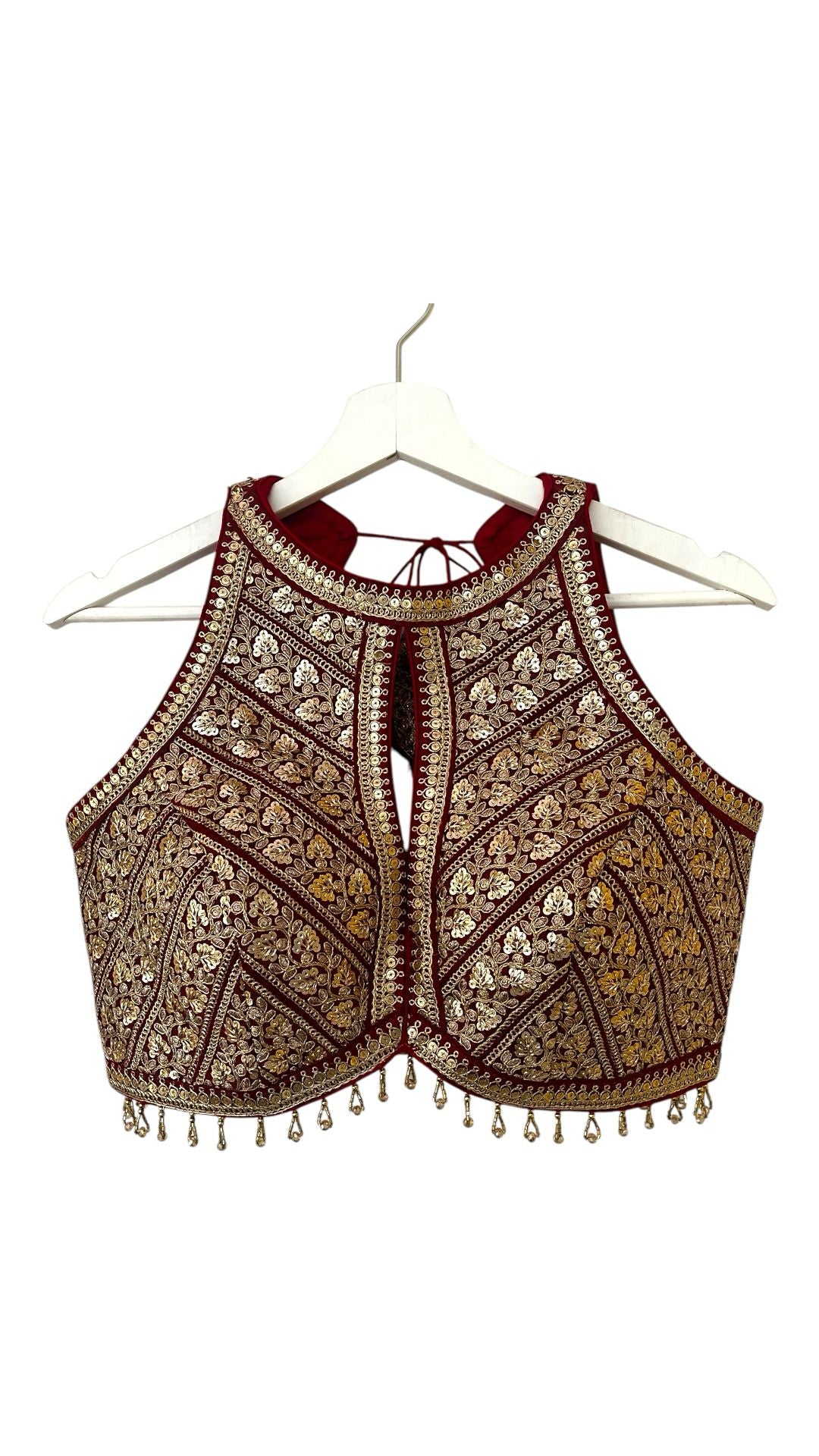 Indian Designer Red beads Saree Lehenga Blouse Sleeveless sabyasachi style.