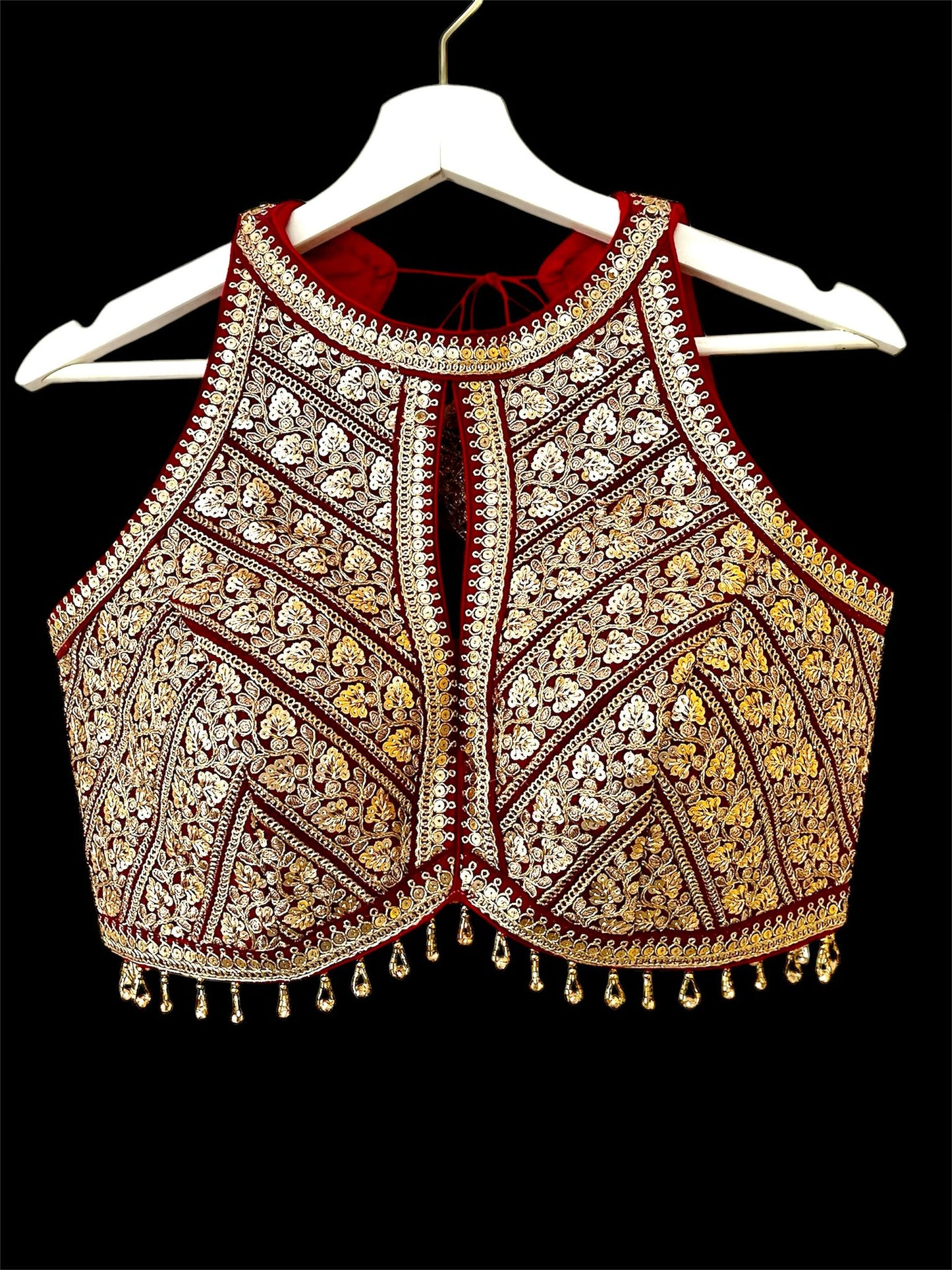 Indian Designer Red beads Saree Lehenga Blouse Sleeveless sabyasachi style.