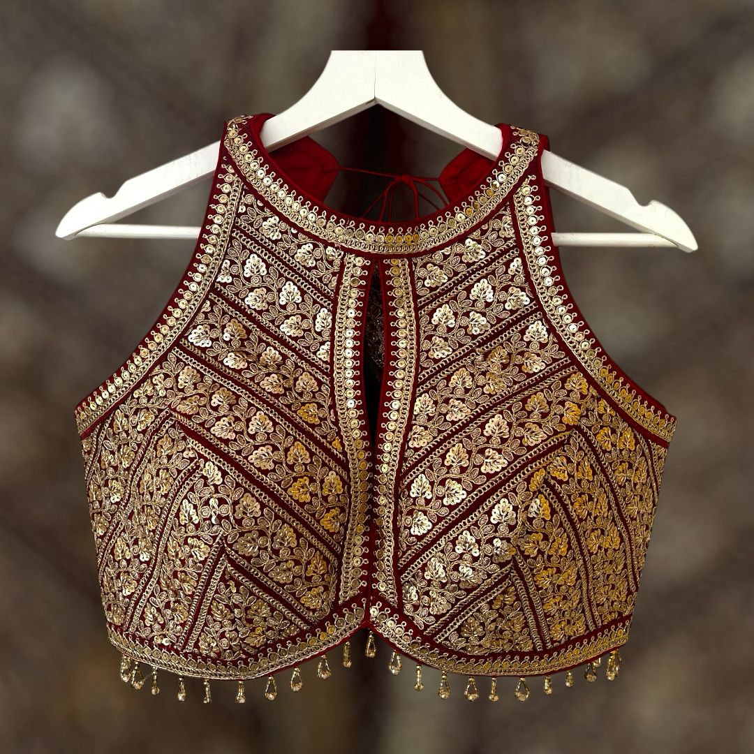 Indian Designer Red beads Saree Lehenga Blouse Sleeveless sabyasachi style.