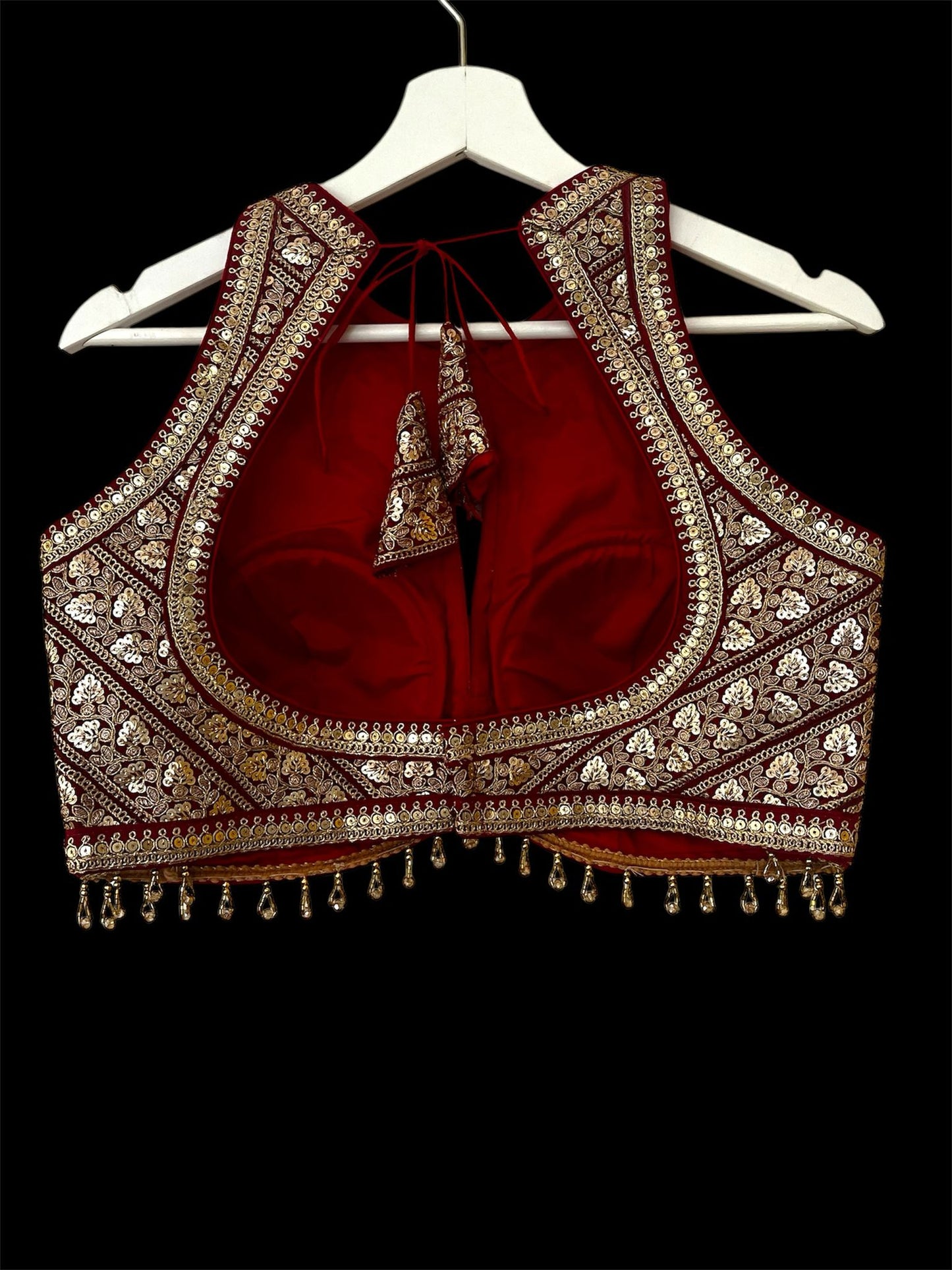 Indian Designer Red beads Saree Lehenga Blouse Sleeveless sabyasachi style.